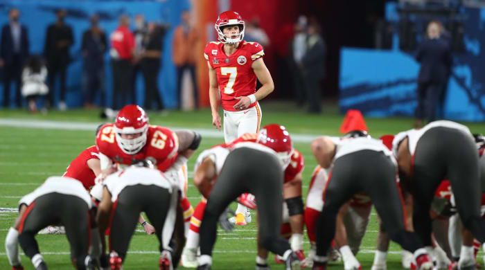 Feb 4, 2021; Tampa, FL, USA; Kansas City Chiefs kicker Harrison Butker (7) against the Tampa Bay Buccaneers in Super Bowl LV at Raymond James Stadium.